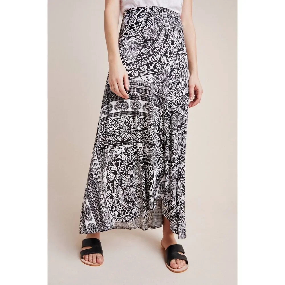 Anthropologie Maeve Issa Maxi Skirt in Black and White Print Size L